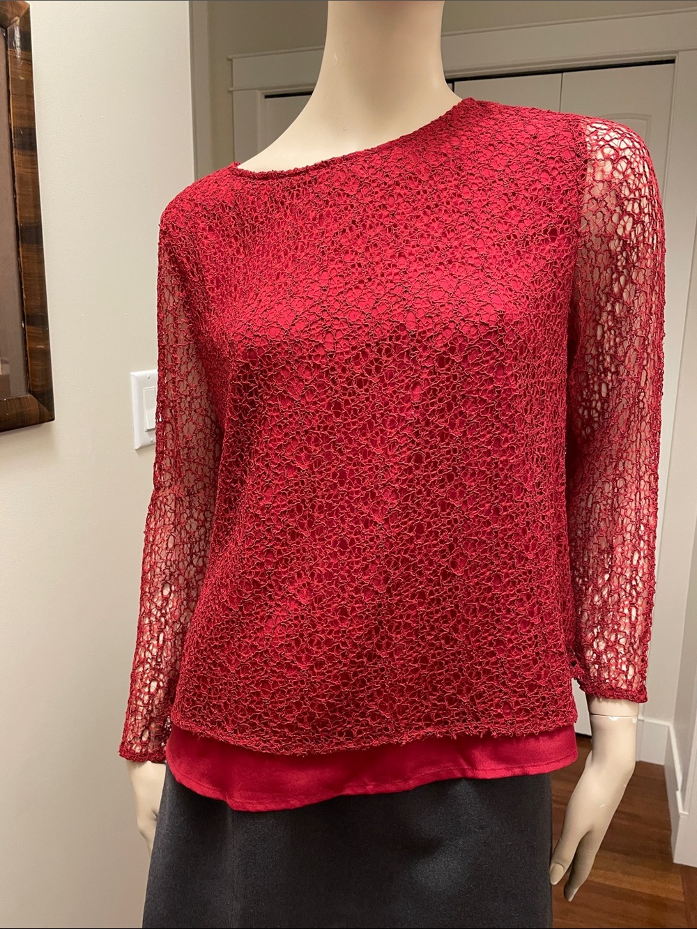 H by Halston Red Lace-Overlay Blouse